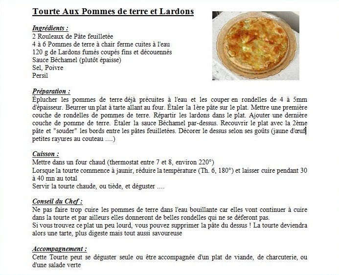 Cuisine - Tourte Pommes de terre et Lardons